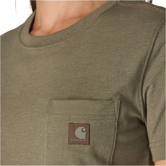 Olive short-sleeve crewneck T-shirt with a chest pocket and Carhartt logo patch.