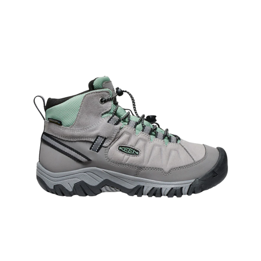 Gray hiking boot with green accents on a white background