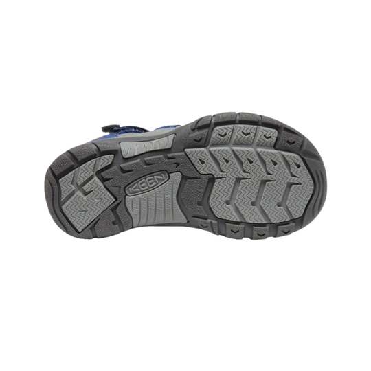 Grey hiking sandal sole with KEEN branding and deep tread pattern