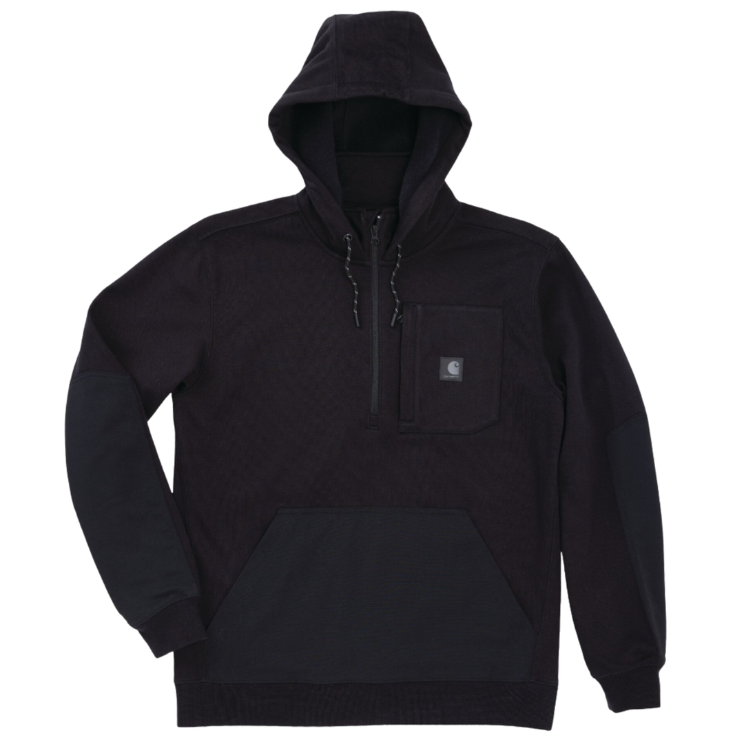 Black pullover hoodie with a front zipper, chest pocket, and kangaroo pocket