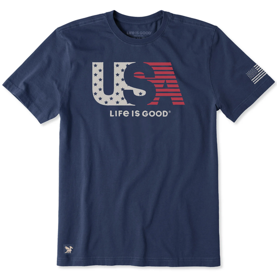 Navy blue t-shirt with 'USA Life is Good' graphic on a white background