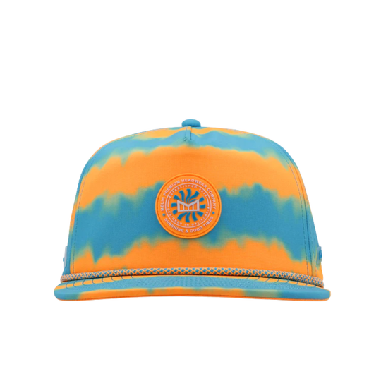 Tie-dye baseball hat with a logo on a white background