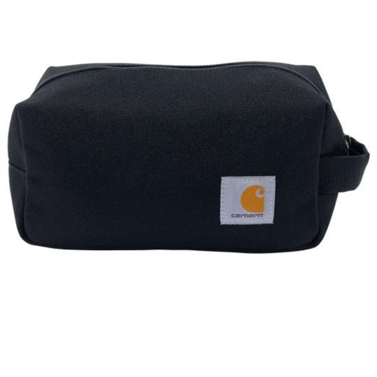Black toiletry bag with Carhartt logo on a white background
