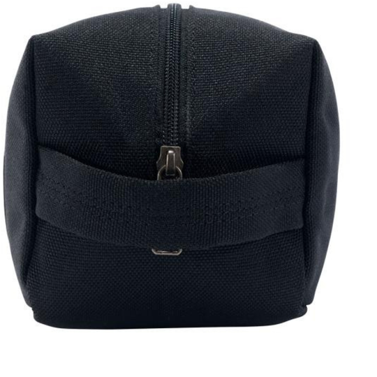 Black backpack with a front pocket on a white background
