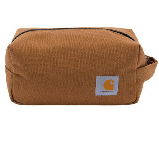 Brown toiletry bag with Carhartt logo on a white background