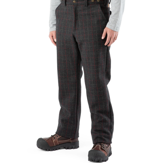 Plaid pants worn by a person on a white background