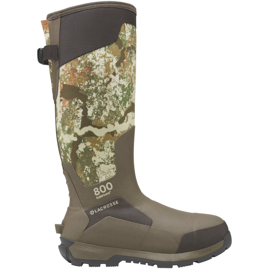 Camouflage hunting boot with brand logo on a white background