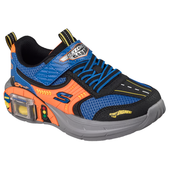 Colorful children's sneaker with blue, orange, and black design on a white background