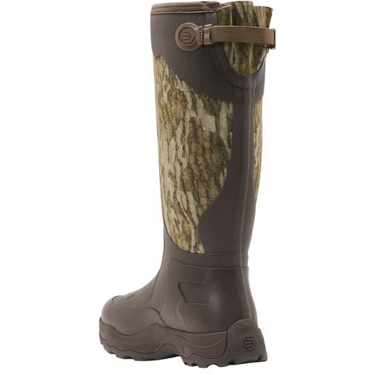 Brown and camouflage-patterned boot on a white background