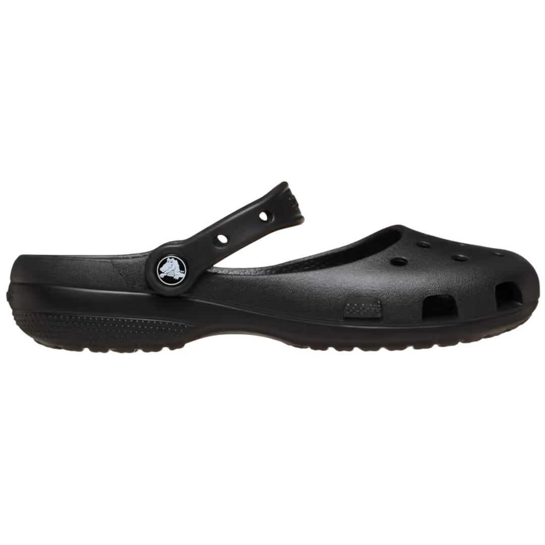 Black ballet sandal with a strap on a white background