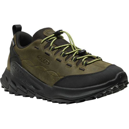 Green and black hiking shoe with brand logo on a white background