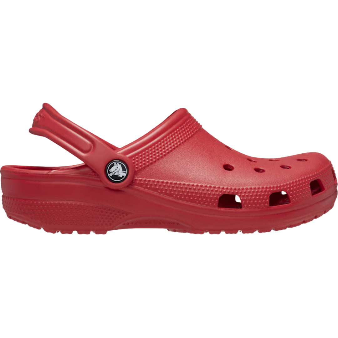 Red clog shoe with a white background