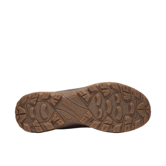 Brown shoe sole with 'Merrell' branding on a white background