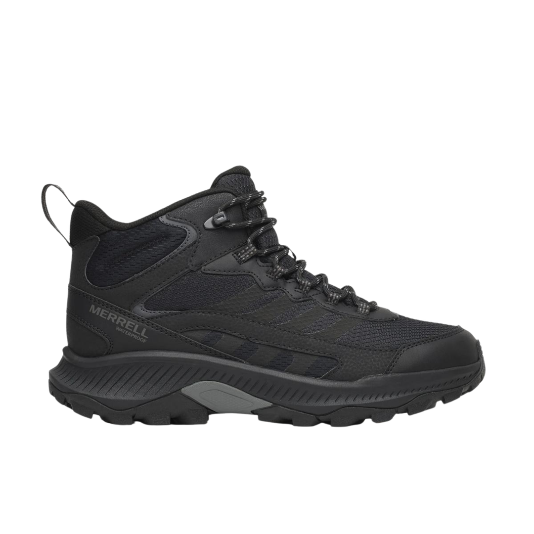 Black hiking boot with brand logo on a white background