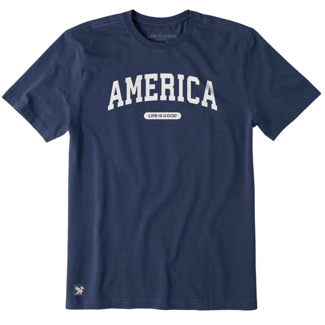 Navy blue t-shirt with 'AMERICA' printed in white on a white background