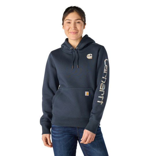 Person wearing a navy hoodie with Carhartt logo on a white background