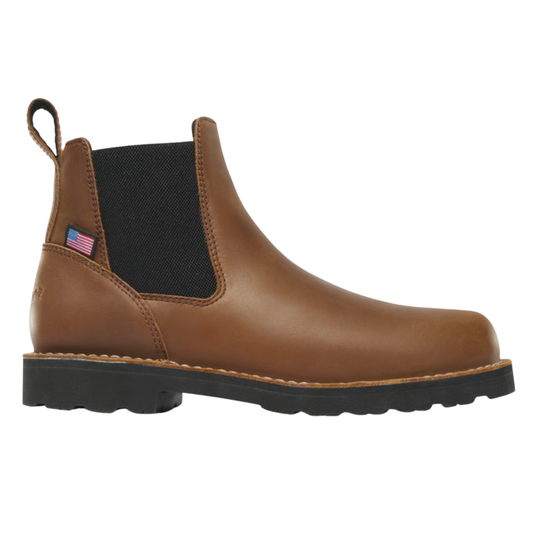 Brown leather boot with a black patch on a white background