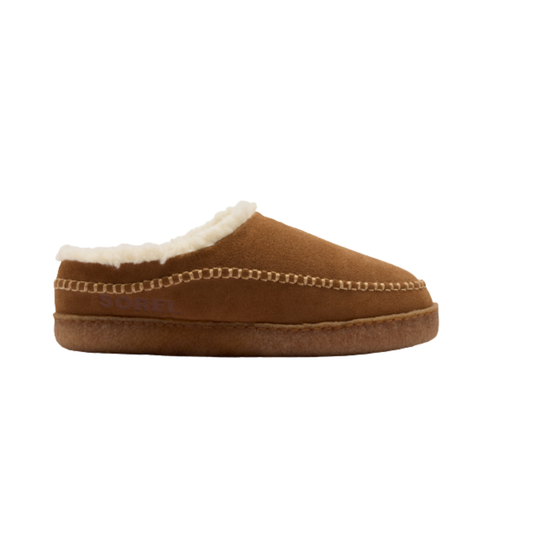 Brown slipper with white fur lining on a white background
