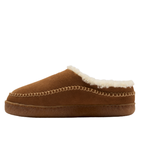 Brown slipper with white fur lining on a white background
