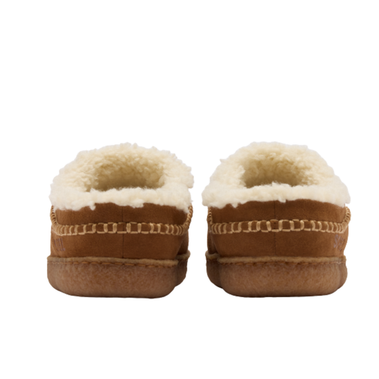 Pair of brown slippers with white fur lining on a white background