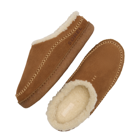 Pair of brown slippers with white fur lining on a white background