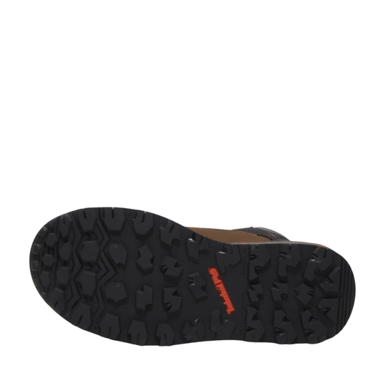 Close-up of a black shoe sole with red branding on a white background