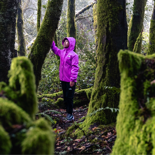 A person wearing a bright pink hooded rain jacket and black pants stands on a forest path surrounded by moss-covered trees.