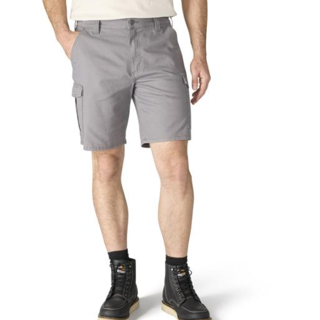 A person wearing light gray cargo shorts, a light-colored t-shirt, black socks, and black boots, shown from the waist down on a white studio background.