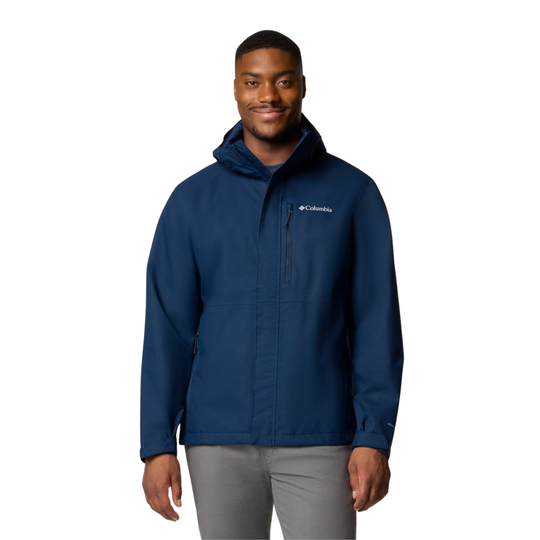 man wearing Columbia Men's Hikebound II Rain Jacket - Collegiate Navy on white background