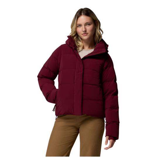 Woman wearing Columbia Women's Amaze Puff Hooded Jacket - Rich Wine on a plain white background