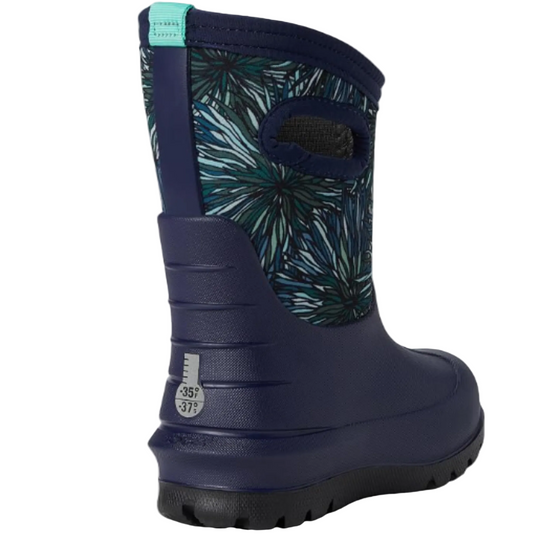 A single children's rain boot shown from the back side on a light gray background. The boot has a solid navy blue rubber body, a tropical palm leaf patterned upper in navy, teal, and white, a small mint green pull tab, and a black outsole.