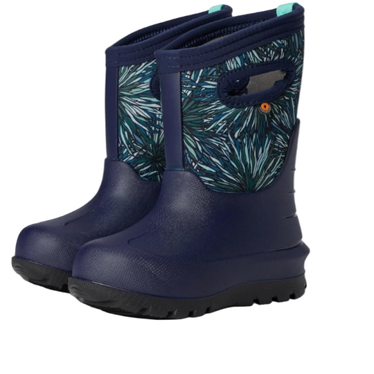 A pair of navy blue kids' rain boots with a firework pattern on the upper shaft and a black sole, shown against a plain white background.