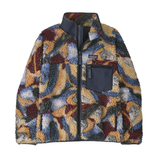 A fleece zip-up jacket with a multicolor abstract pattern in blue, beige, brown, and gray, featuring solid dark navy panels on the collar, front zipper, and chest pocket.