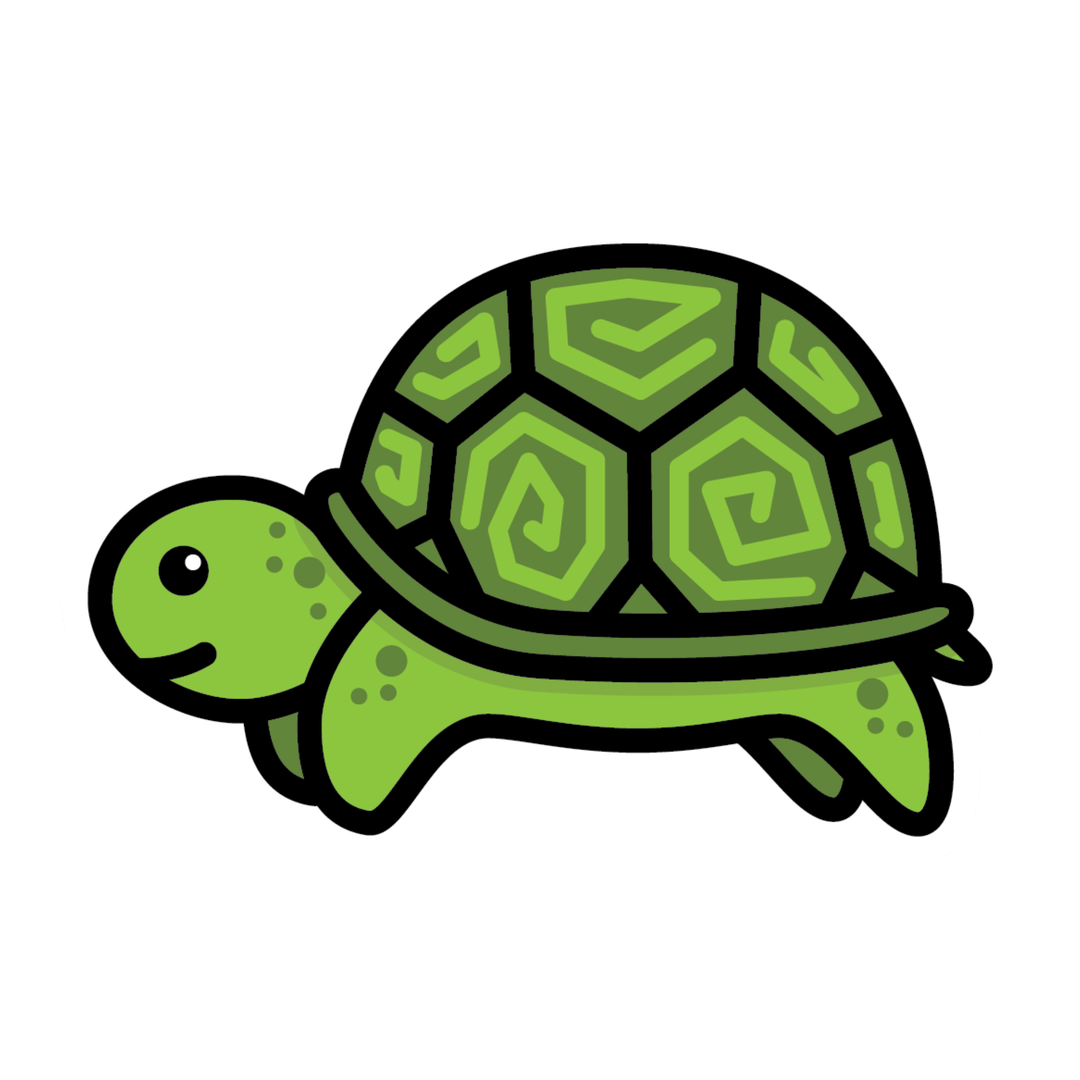 A cute cartoon green turtle icon with a patterned shell on a plain white background.