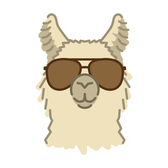 A stylized cartoon alpaca or llama face with fluffy cream-colored fur, gray shading, and brown sunglasses on a plain white background.