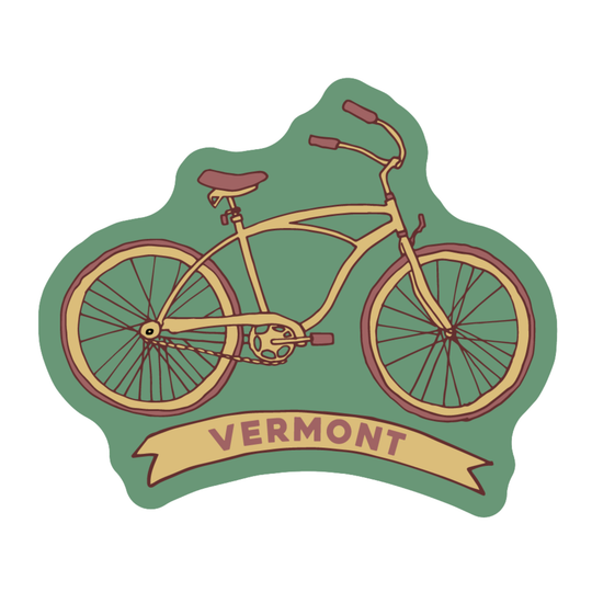 A die-cut sticker featuring a retro-style illustration of a bicycle on a green background with a tan banner reading 'VERMONT'.