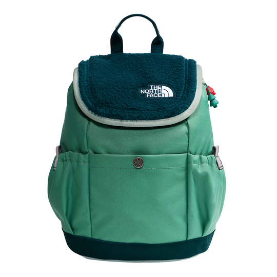 A green and dark teal backpack by The North Face, featuring a plush fleece flap with the brand logo, side pockets, and a top carry handle, shown against a plain white background.