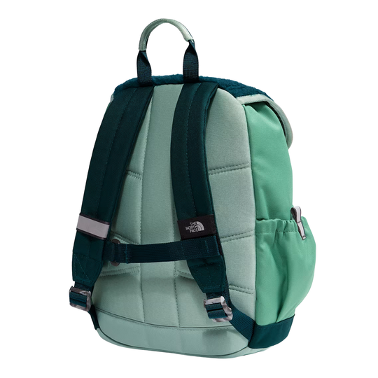 The back view of a light sage green and dark teal backpack from The North Face, featuring padded shoulder straps, a top carry handle, and a side pocket.