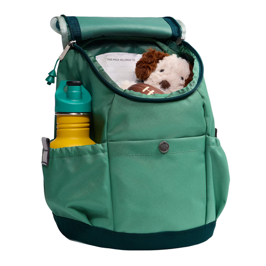A green dog backpack shown on a white background, with its front pocket open to reveal a stuffed dog and football inside, and a yellow-and-teal water bottle in the side pocket.