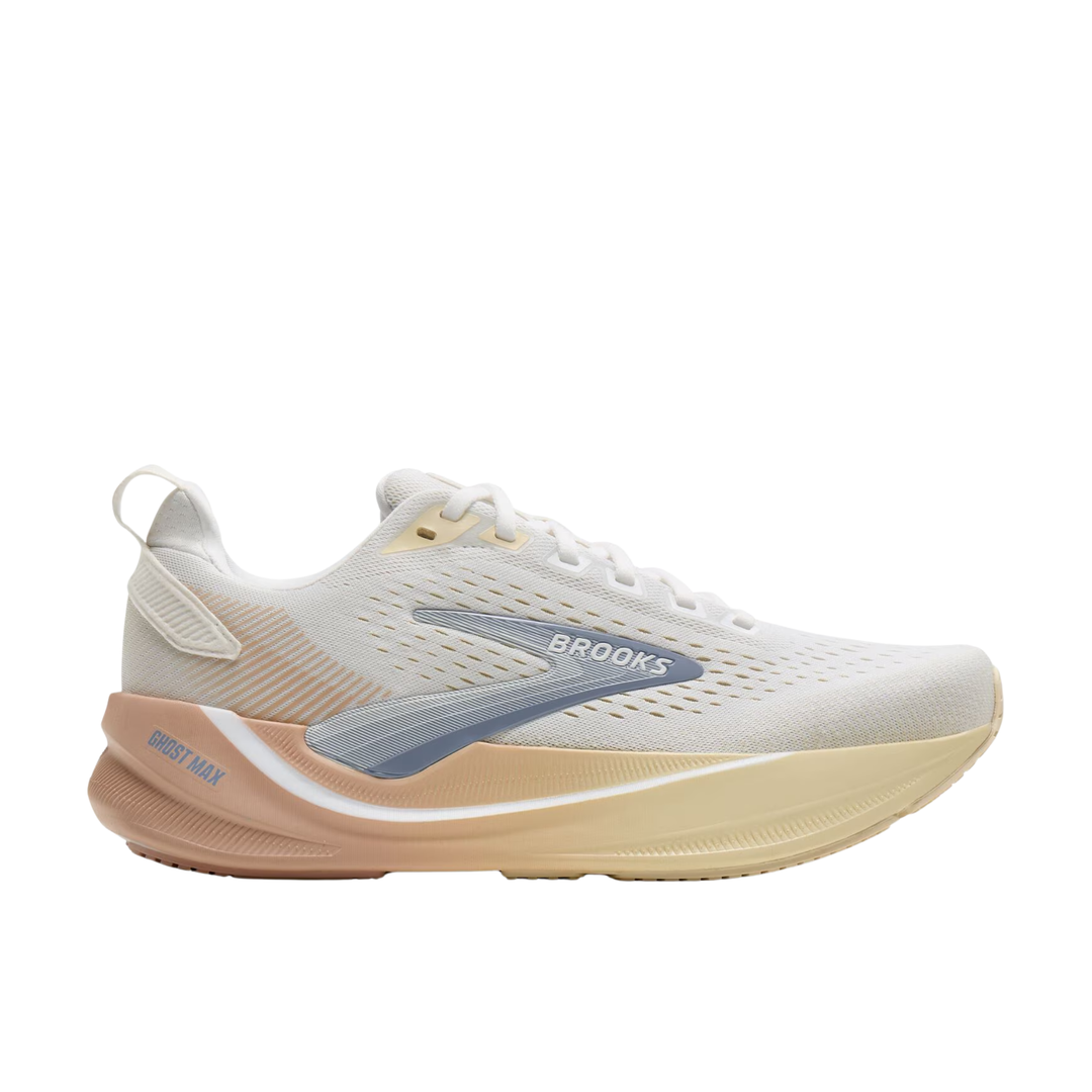 Brooks Ghost Max running shoe in white and beige with a light blue-gray logo accent, shown from the side on a white background.