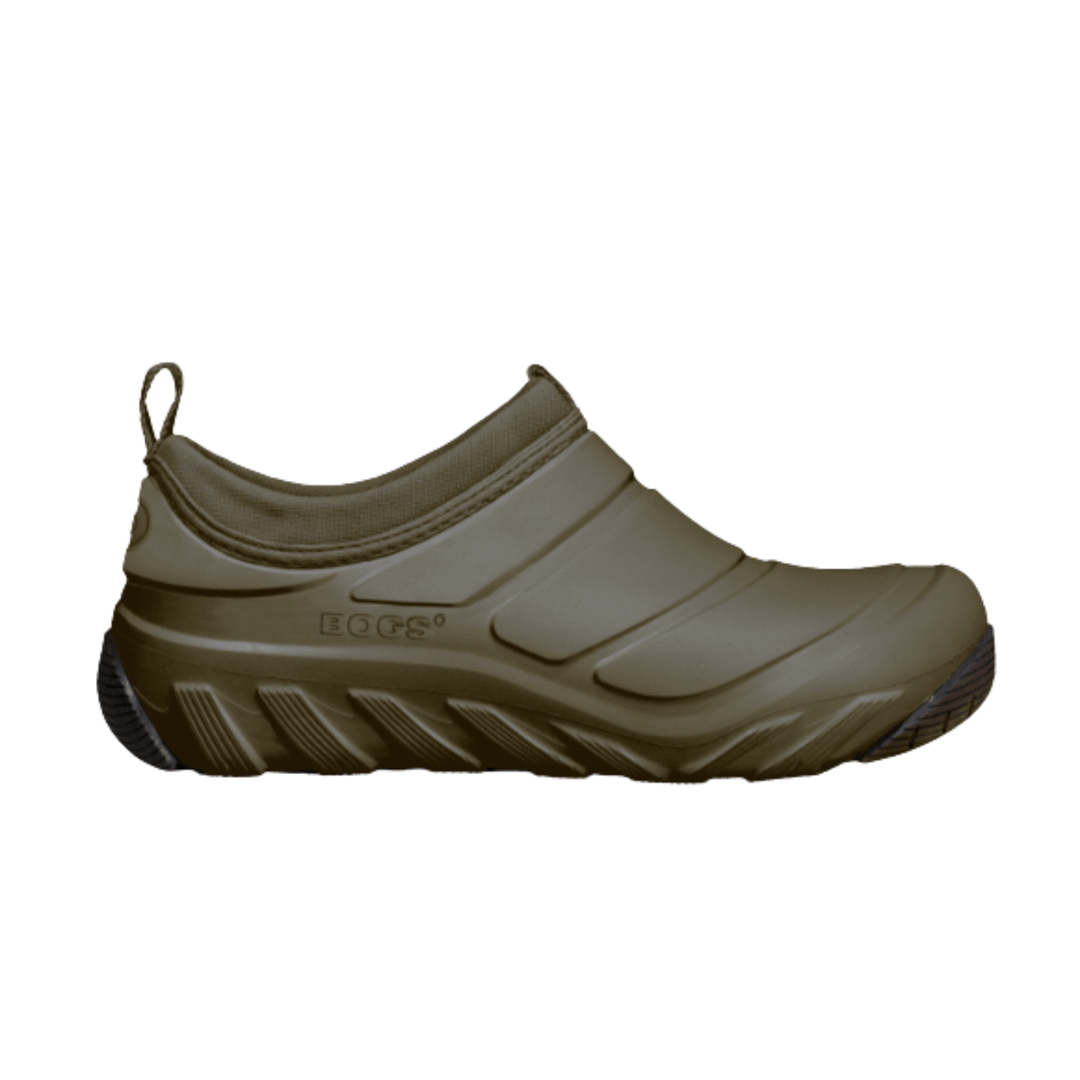 An olive green slip-on rubber bootie from the brand Bogs, shown in a side profile view against a plain white background.