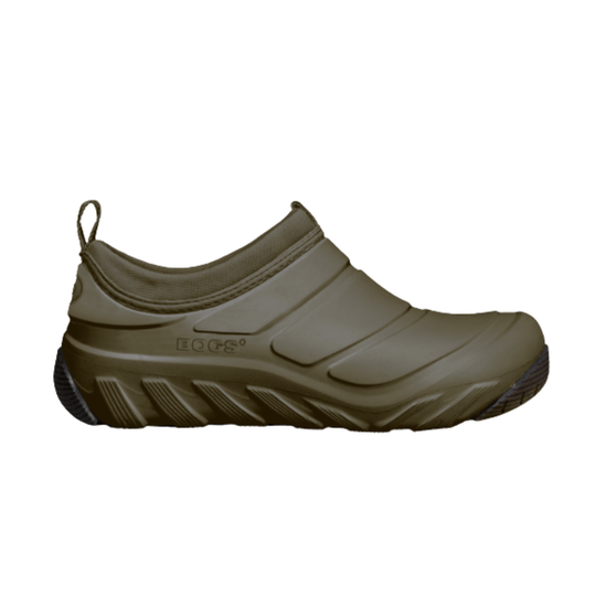 An olive green slip-on rubber bootie from the brand Bogs, shown in a side profile view against a plain white background.