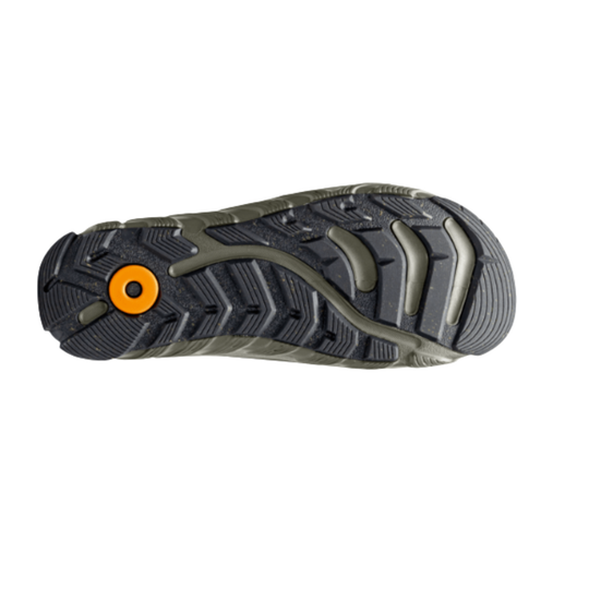 The outsole of a hiking shoe or boot, featuring a dark gray and black tread pattern with a bright orange circular accent on the heel.