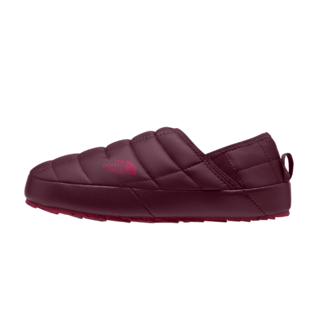 A single burgundy quilted slip-on shoe by The North Face, shown in a side profile view against a solid white background.
