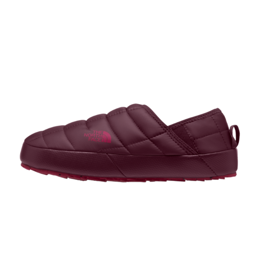 A single burgundy quilted slip-on shoe by The North Face, shown in a side profile view against a solid white background.