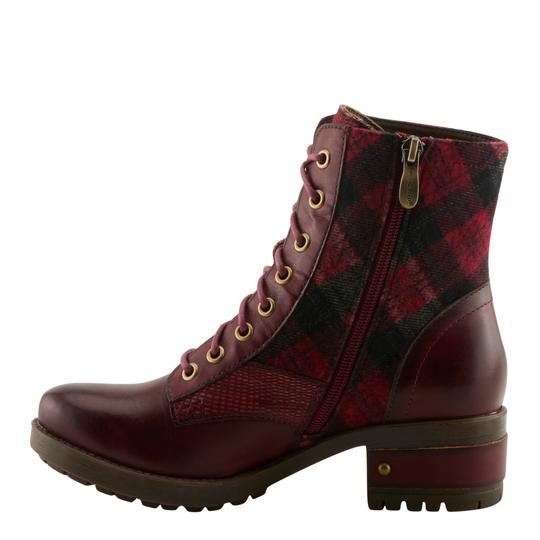A women's mid-calf lace-up boot in burgundy leather and red/black plaid fabric, featuring a side zipper, gold-tone eyelets, and a chunky lug sole.