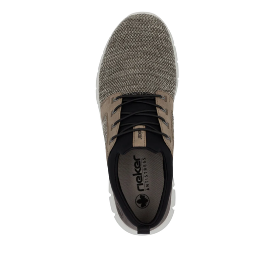 top view Brown shoe with white sole on a white background. Shoe has black laces
