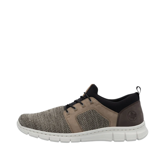 Brown shoe with white sole on a white background