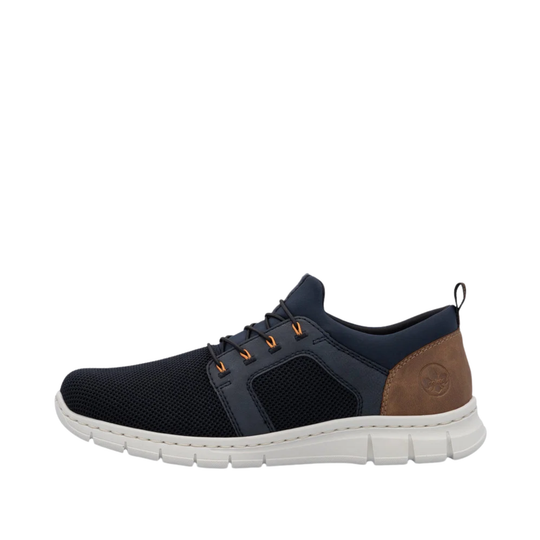 A single men's casual sneaker shown in profile against a solid white background. The shoe features a navy blue mesh upper, navy blue synthetic overlays, a brown suede heel counter, and a thick white flexible sole.