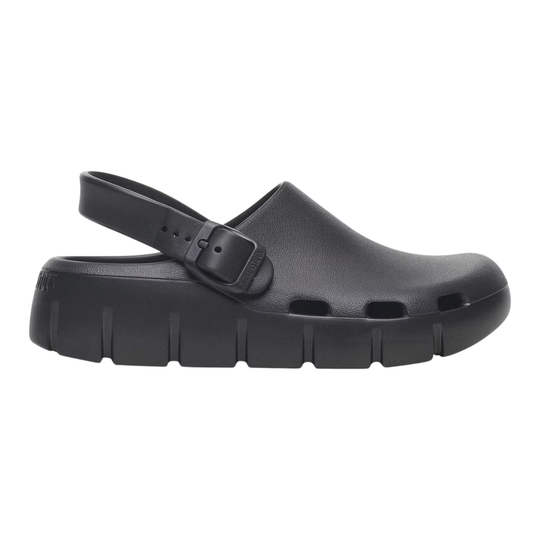 A single black flip-flop sandal shown in a side profile view against a plain white background.